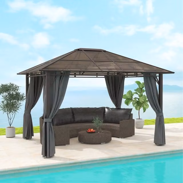 Outsunny Modern Hip Roof Gazebo with Side Wall Curtains in Dark Grey