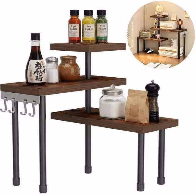 KORVIXA 3 Tier Corner Shelf Unit in Brown with Adjustable Shelves