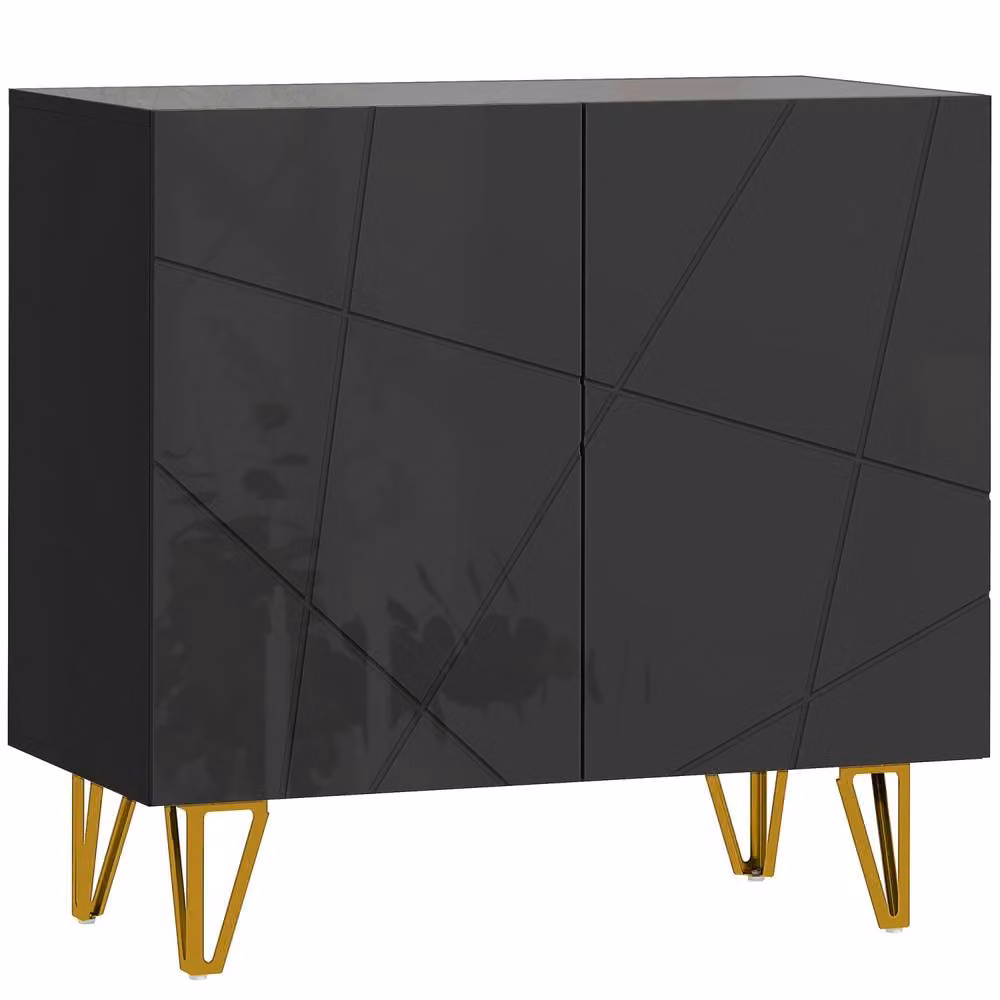 Wyld Haus Diro Modern High Gloss Black Sideboard with Geometric Pattern and Gold Hairpin Legs – 2
