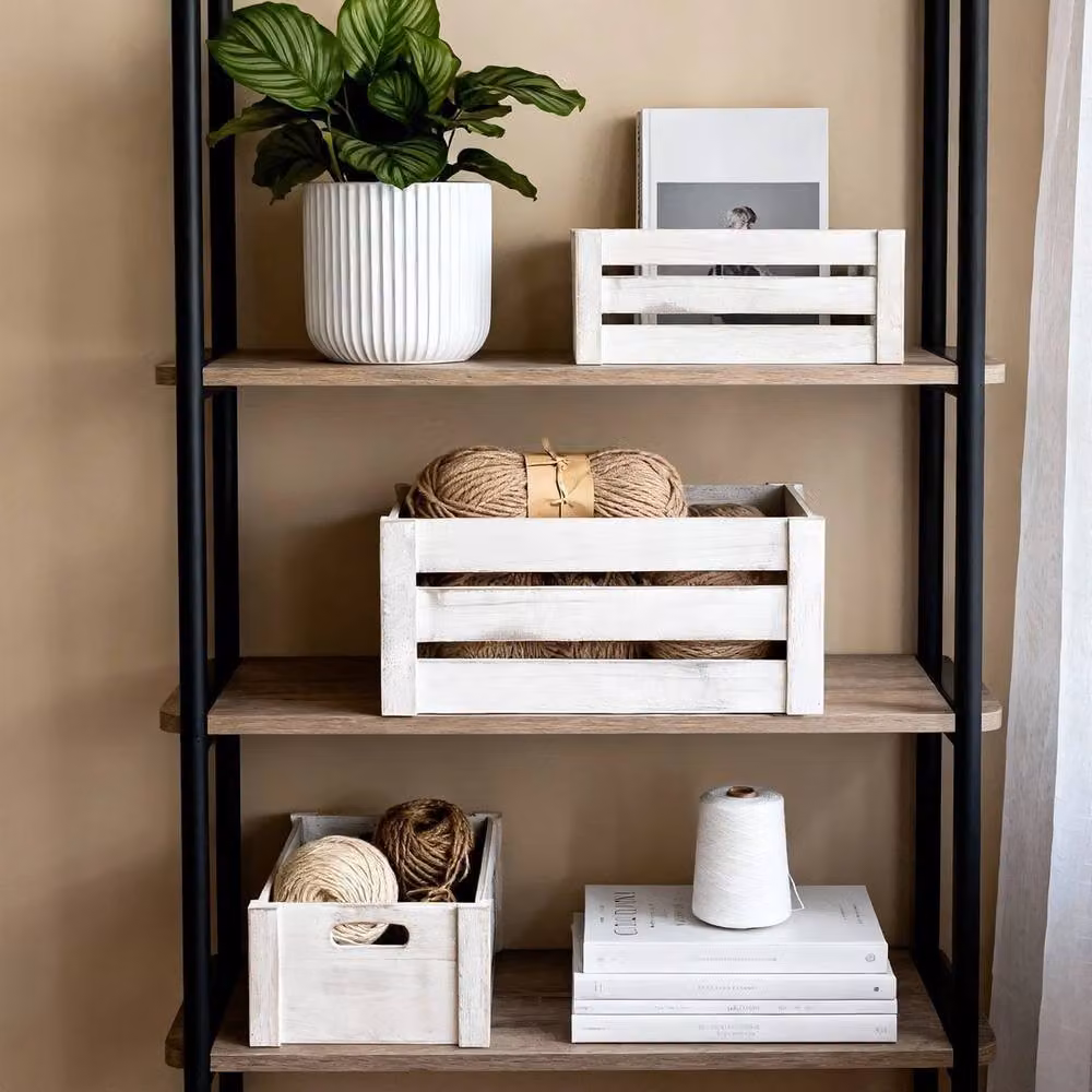 FLAVORA Set of 3 White Wash Slatted Wooden Home Storage Crates with Handles – 2