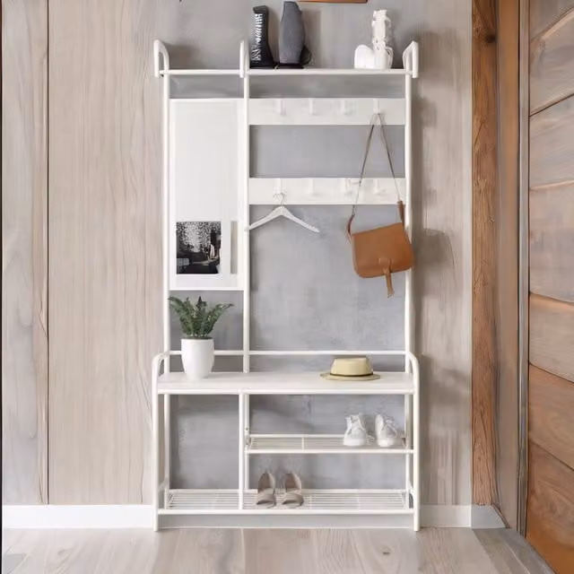 Rafaelo Mobilia Industrial Hall Tree Coat Rack with Shoe Storage Shelves and Rail, White