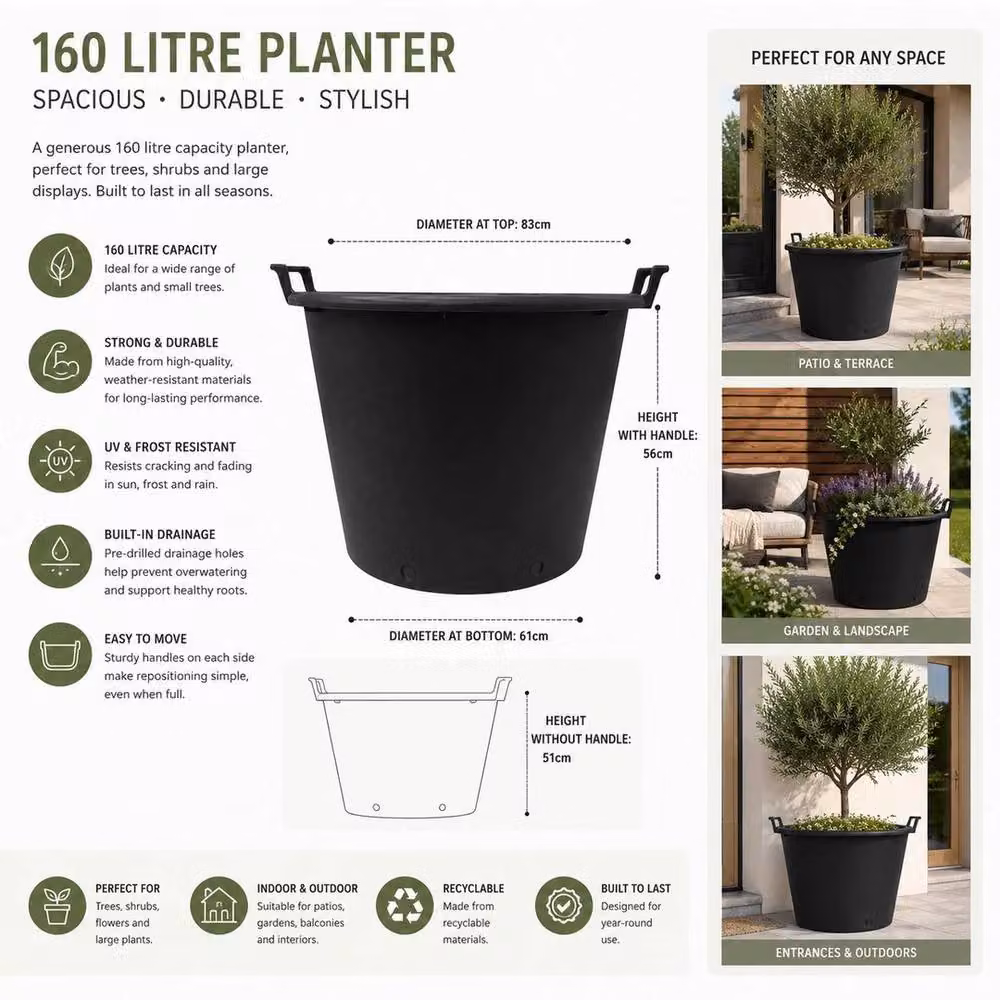 SPETLEK 160L Large Heavy Duty Garden Planter Tub, Black – 4