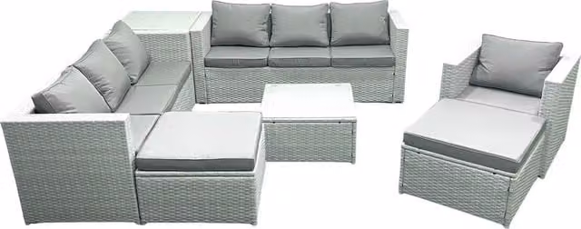 Fimous Wicker PE Rattan Garden Furniture Set in Light Grey with Armchair, Coffee Table and Ottomans