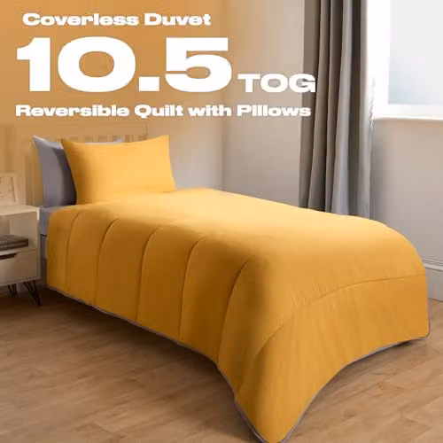 OHS Double Reversible Coverless Duvet and Pillowcase Set, 10.5 TOG, Grey and Ochre, W/D/H: 200 x 200 cm – 2