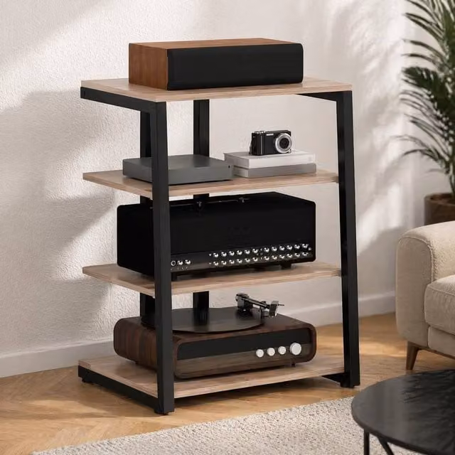 STILVORA Modern HiFi Rack with 4 Adjustable Media Compartments in Brown and Beige – 1