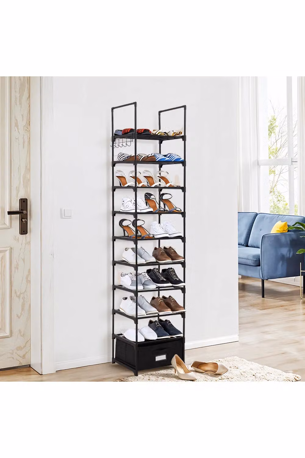 Living and Home 10-Tier Black Metal Shoe Rack with Storage Box and Hook – 2