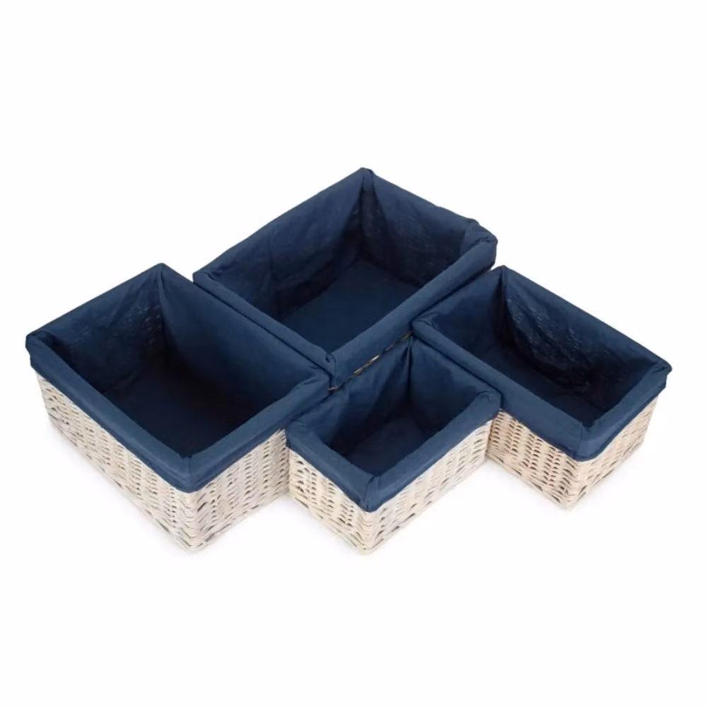 Red Hamper Set of 4 Blue Wicker Open Storage Baskets with White Wash and Navy Lining – 2