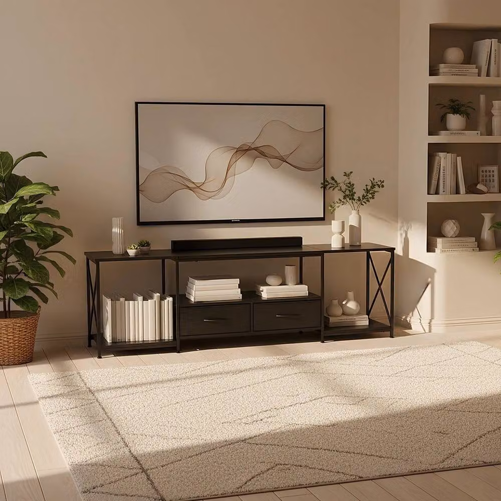 FORGEVIO Black TV Stand Cabinet with 2 Drawers, W/D/H: 160 x 40 x 53 cm – 2
