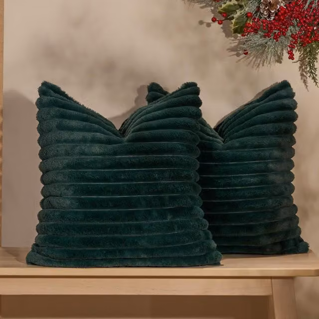OHS Pack of 4 Green Faux Fur Ribbed Square Filled Cushions with Removable Covers