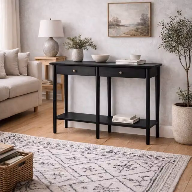 Wyld Haus Newbridge Black Ash Veneer Console Table with 2 Drawers and Bottom Shelf, W/D/H: 82.5 x 34.5 x 34.5 cm