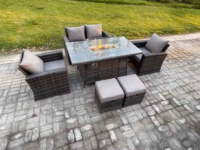 Fimous 6 Seater Outdoor Rattan Garden Furniture Set with Gas Firepit Dining Table and 2 Footstools in Dark Grey