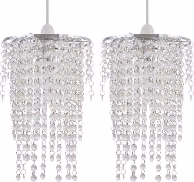 First Choice Lighting Set of 2 Daisy Easy Fit Jewelled Pendant Shades in Transparent Acrylic with Polished Chrome Detail