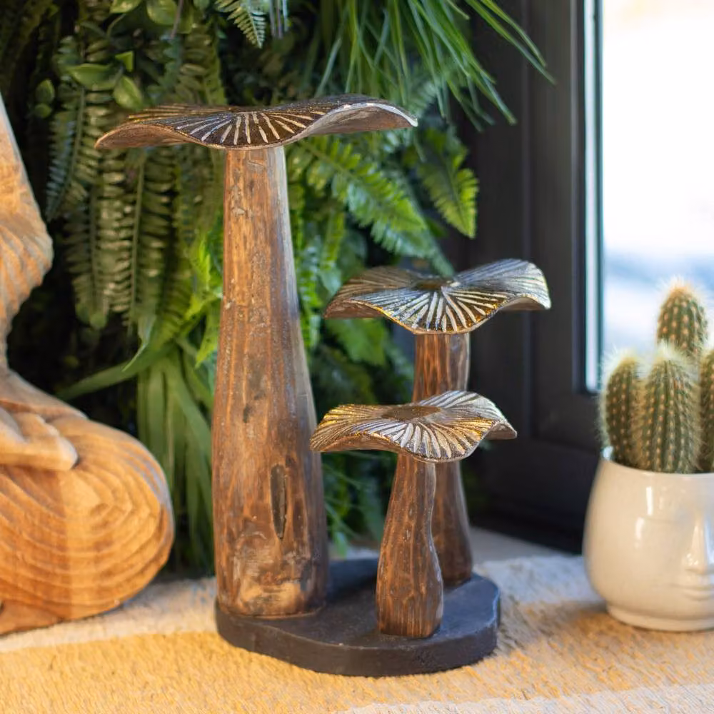 Serenityy Large Abstract Wooden Mushroom Sculpture in Brown and Gold, Height: 30 cm – 4
