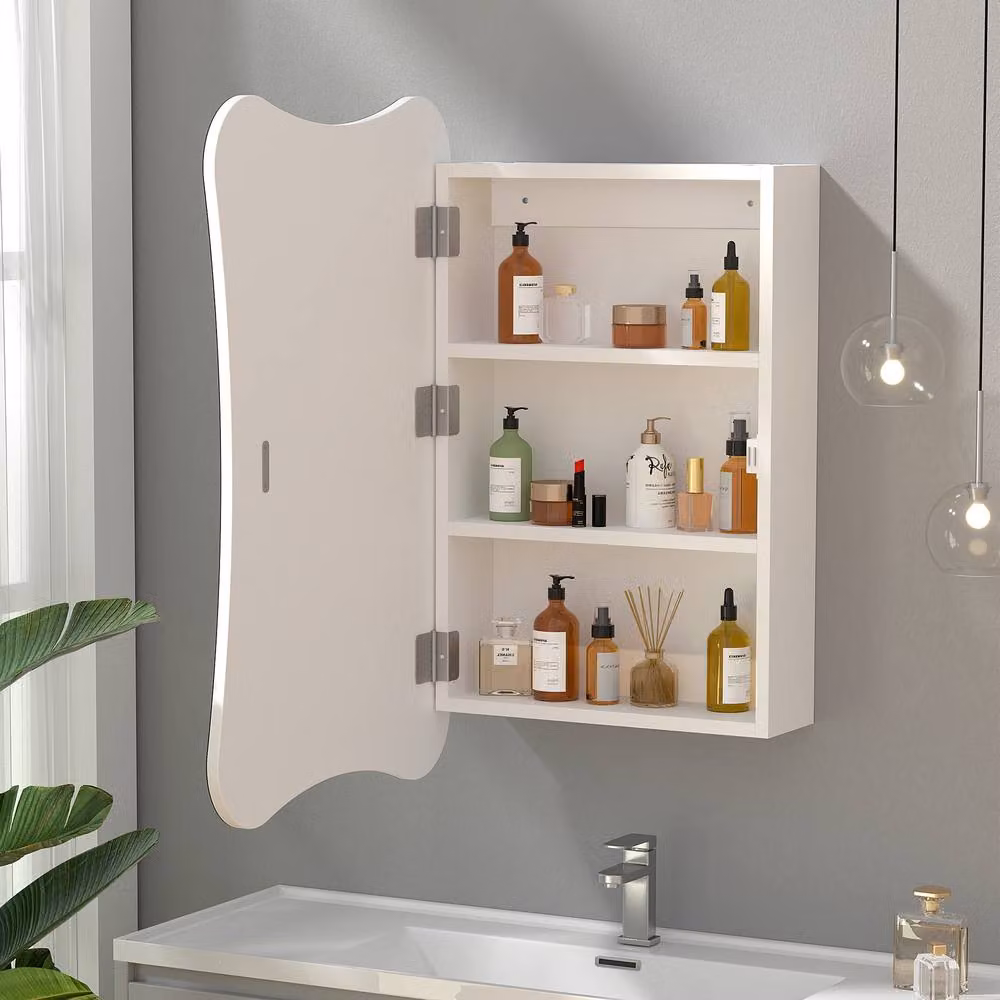 KEEPREAPER White Glossy Frameless Wall Mounted Bathroom Cabinet with Mirror and 2 Internal Shelves, W: 50 cm, H: 76 cm – 2