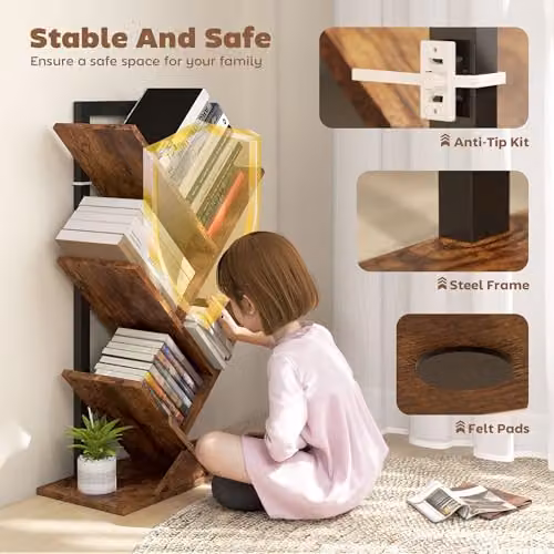 HOMCOM 5-Tier Industrial Tree Bookshelf with Steel Frame, Brown – 3