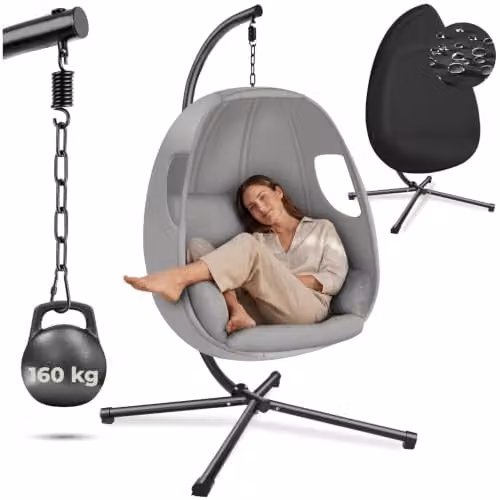 tectake Hanging Egg Chair Anika in Grey with Frame and Extra Thick Cushion – 1