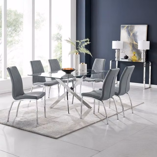 FurnitureboxUK Leonardo Rectangular Glass Dining Table with Six Grey Isco Chairs