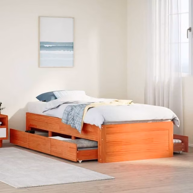 Berkfield Home Solid Wood Pine Bed Frame with Drawers, Wax Brown, W: 90 cm, L: 200 cm