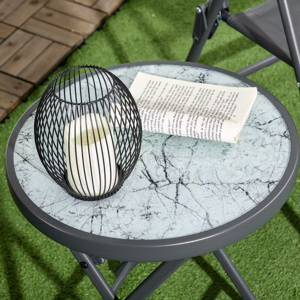 Wyld Haus Round Folding Outdoor Side Table with Dark Grey Marble Effect Glass Top – 7
