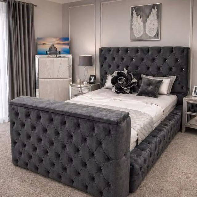Stratus Interiors Ambassador Grey Velvet Super King TV Bed with Built-In Lift and Chesterfield Design W/D/H: 200 x 127 x 223.52 cm – 1