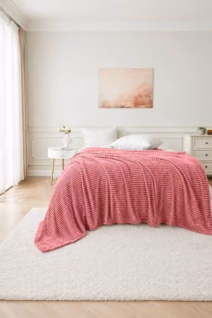 Dyzi Supersoft Ribbed Jacquard Fleece Throw Blanket in Pink, W: 200 cm, D: 240 cm