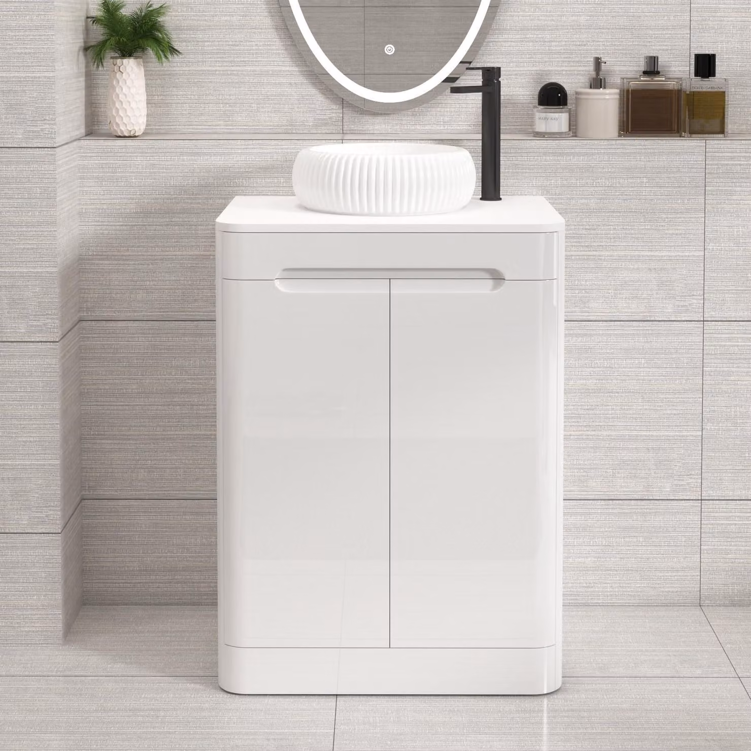 Royal Bathrooms Venice 600mm Gloss White Floor Standing 2 Door Vanity Unit with Milan Basin and Plain White Worktop