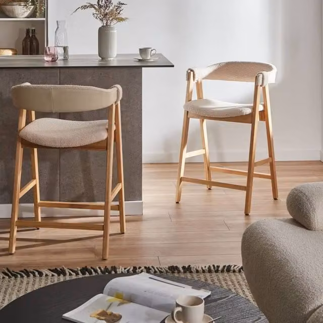 Wyld and Coco Living Pair of Beige Boucle Bar Chairs with Armrests and Rubberwood Legs