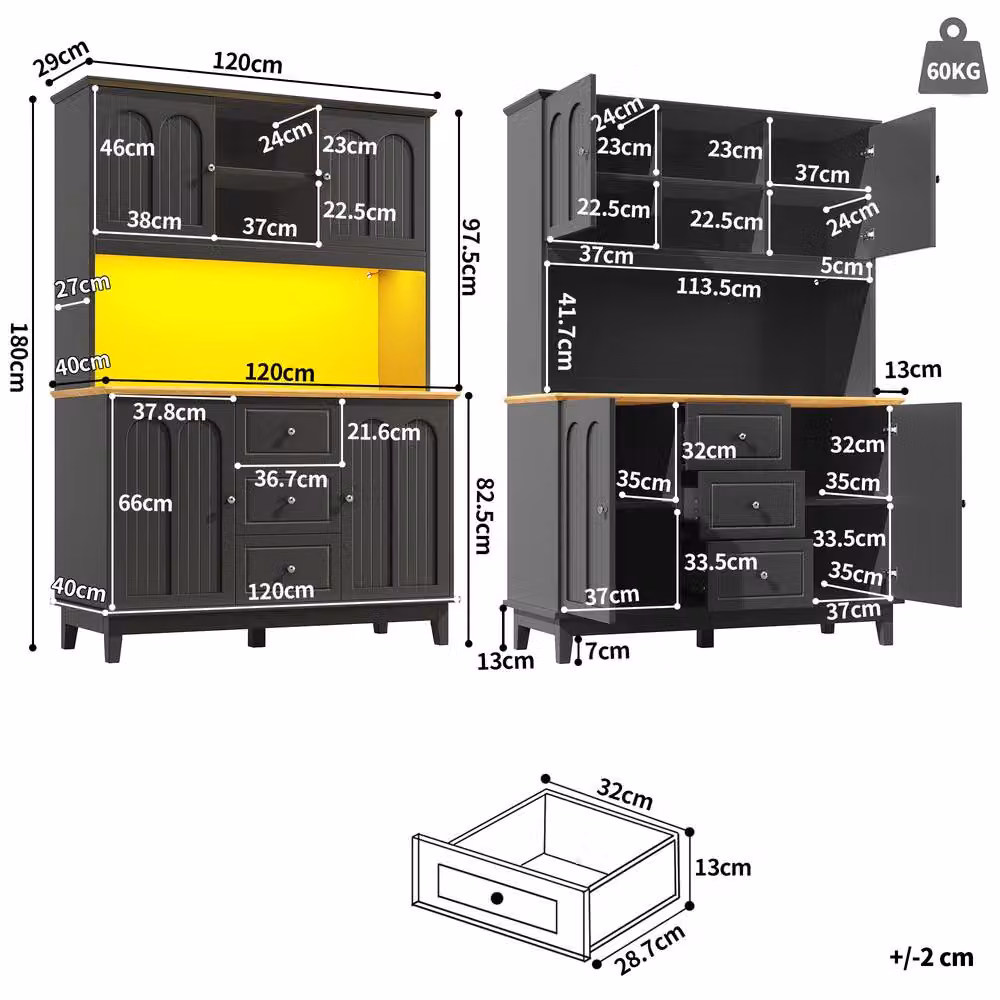BTM Tall Kitchen Cabinet in Black with LED Lighting, Internal Drawers and Snack Storage, W/D/H: 40 x 57.69 x 179 cm – 2