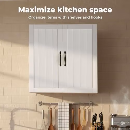 Levede White Wall-Mounted Kitchen and Bathroom Storage Cabinet with Hinged Doors, W/D/H: 59.5 x 31.5 x 59.5 cm – 2