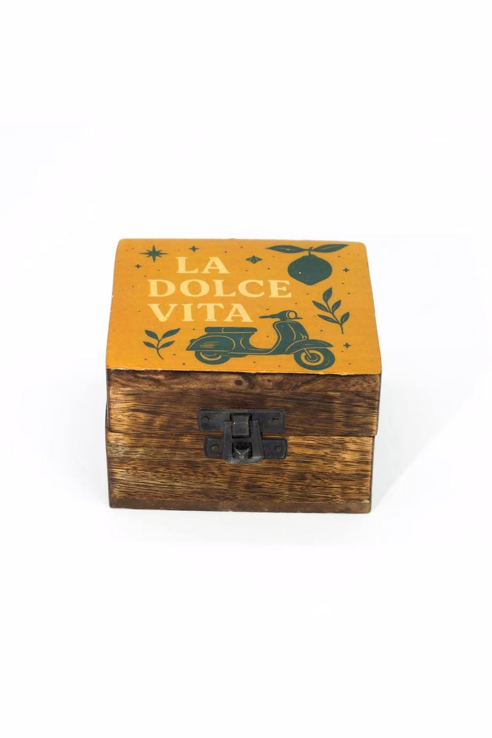 KDMD Small Enamelled Solid Mango Wood Box with Lid in Brown featuring a Mediterranean Floral Design – 2