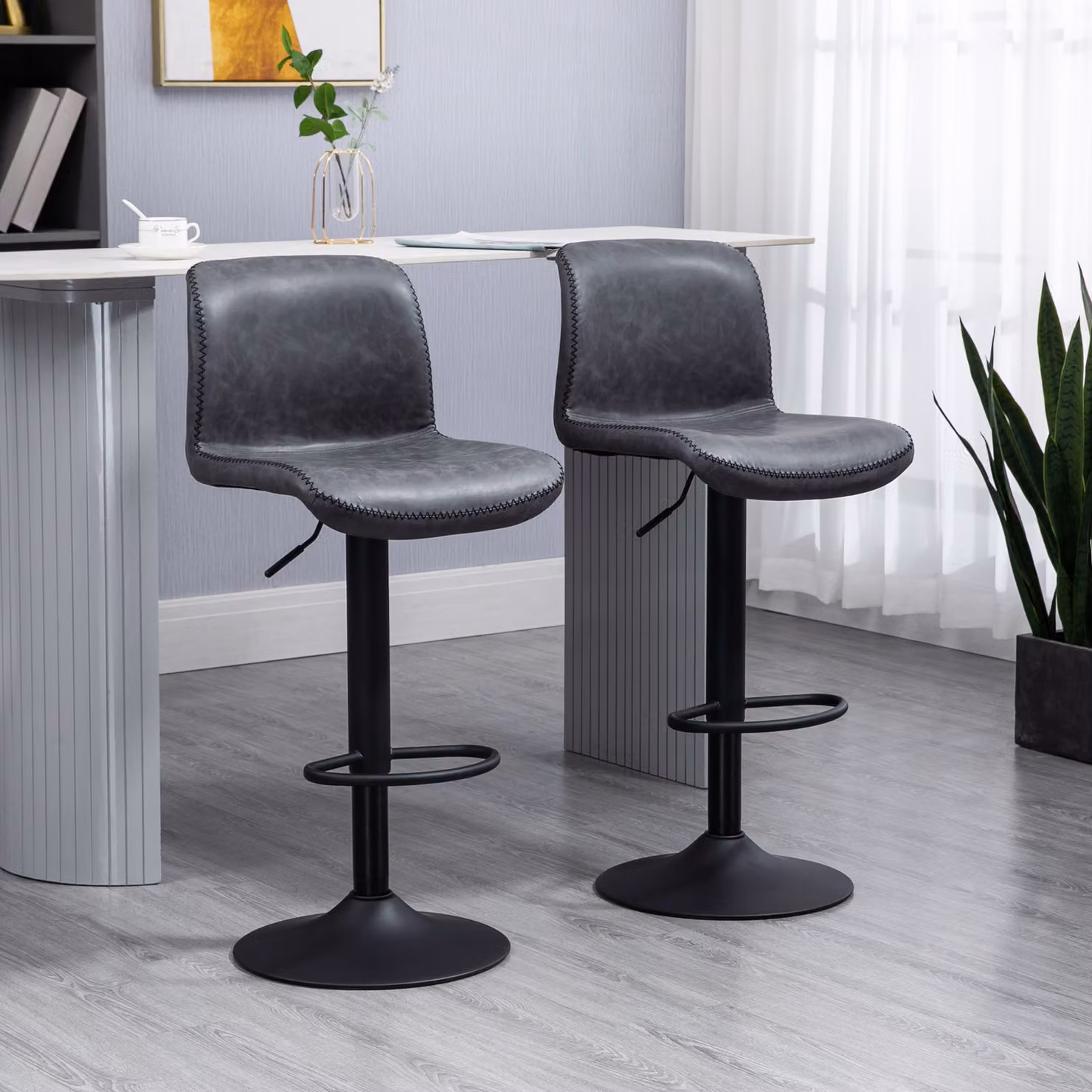 HOMCOM Set of 2 Adjustable Height Swivel Bar Chairs in Dark Grey Synthetic Leather with Metal Base – 2