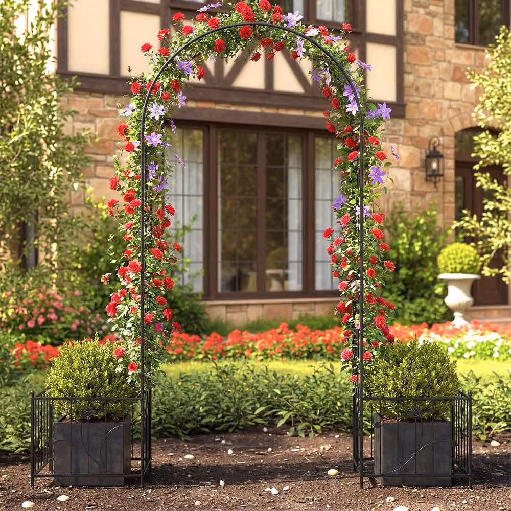 Costway Metal Garden Arbor Arch Trellis with Planter Boxes and Ground Stakes in Black – 2