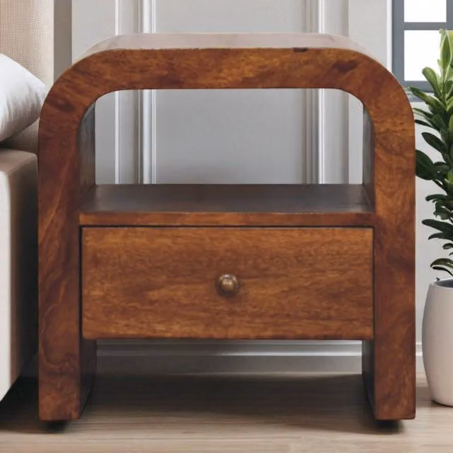 Artisan Furniture Darcy Solid Mango Wood Nightstand with Drawer and Open Shelf in Chestnut Finish Brown