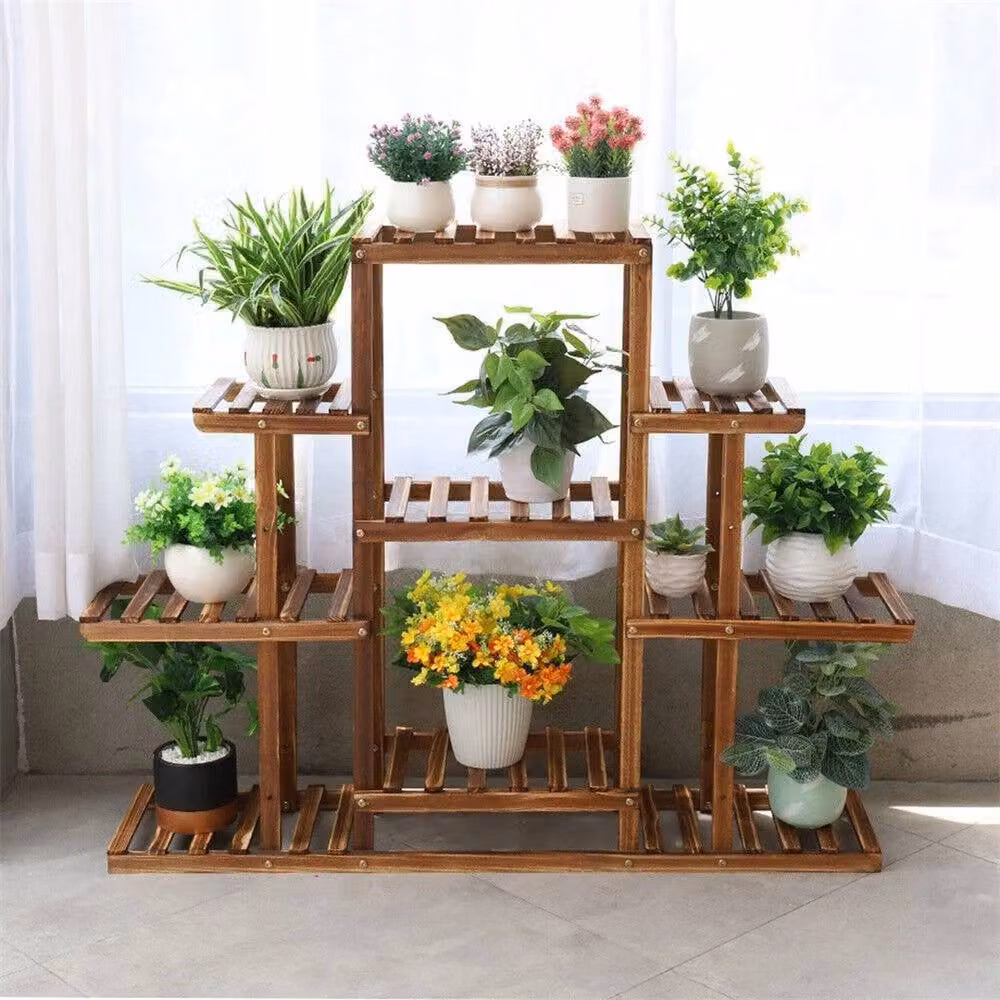 NESTLUNE 9 Tier Heavy Duty Large Wood Plant Stand in Brown, W/D/H: 100 x 15 x 15 cm – 4
