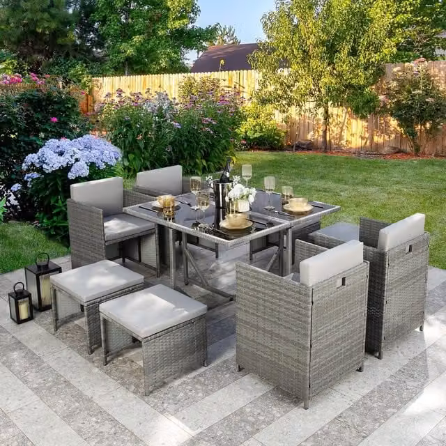 Ashburton 8-Seat Rattan Cube Dining Set with Glass Table in Grey and Beige