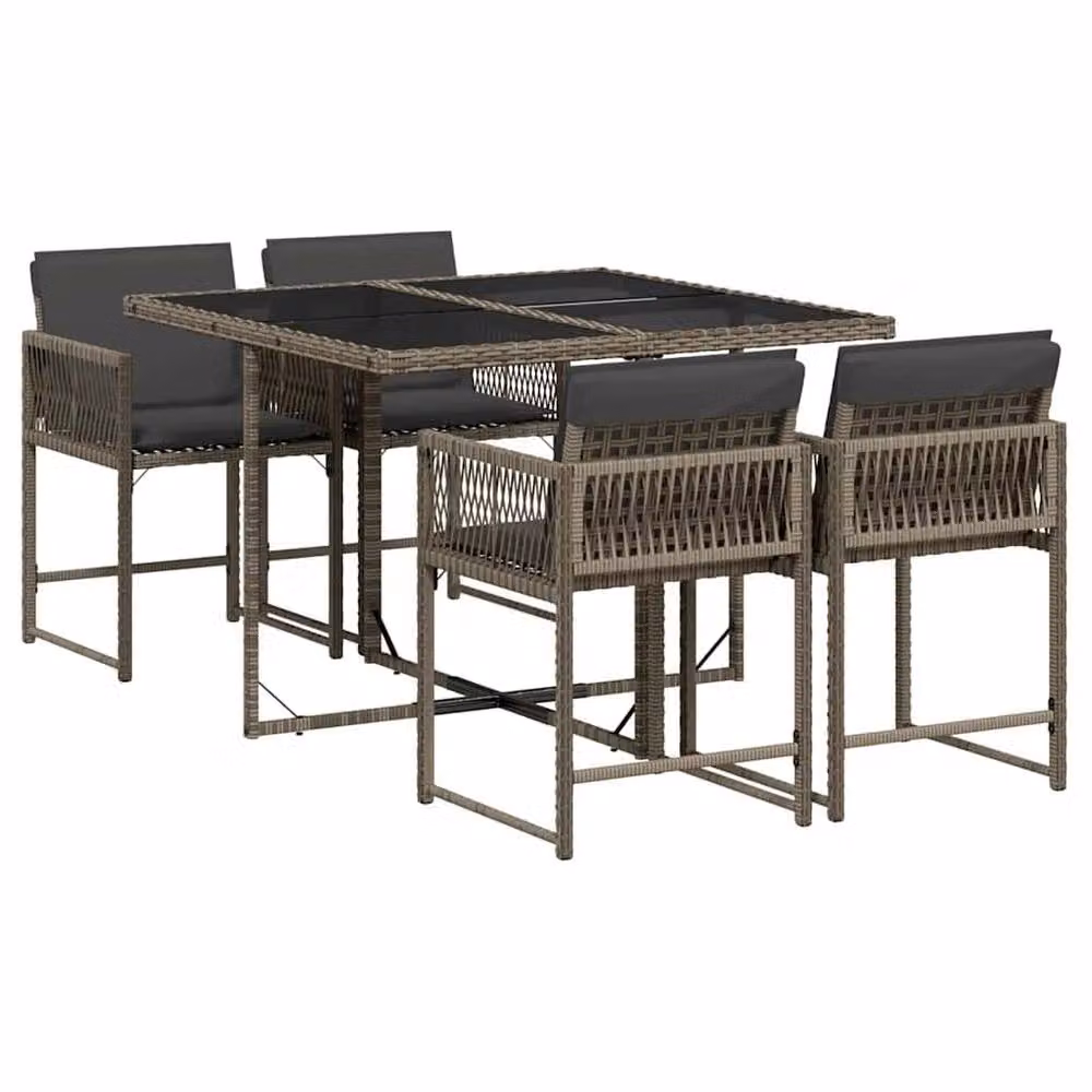 Berkfield Home 5 Piece Grey Poly Rattan Garden Dining Set with Cushions and Glass Top – 2