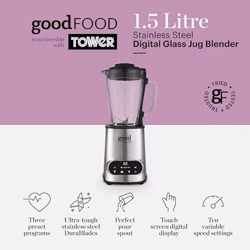 Tower GF12013 Digital 1.5L Jug Blender with 1200W Motor, 5 Speed Settings and Pulse Function, Stainless Steel, Silver – 4