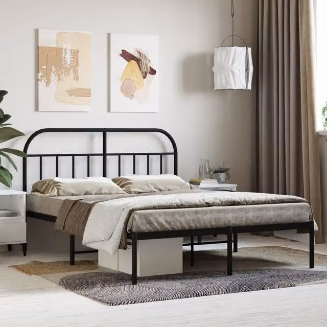 Berkfield Home Metal Bed Frame with Headboard, Black, W: 135 cm, D: 190 cm