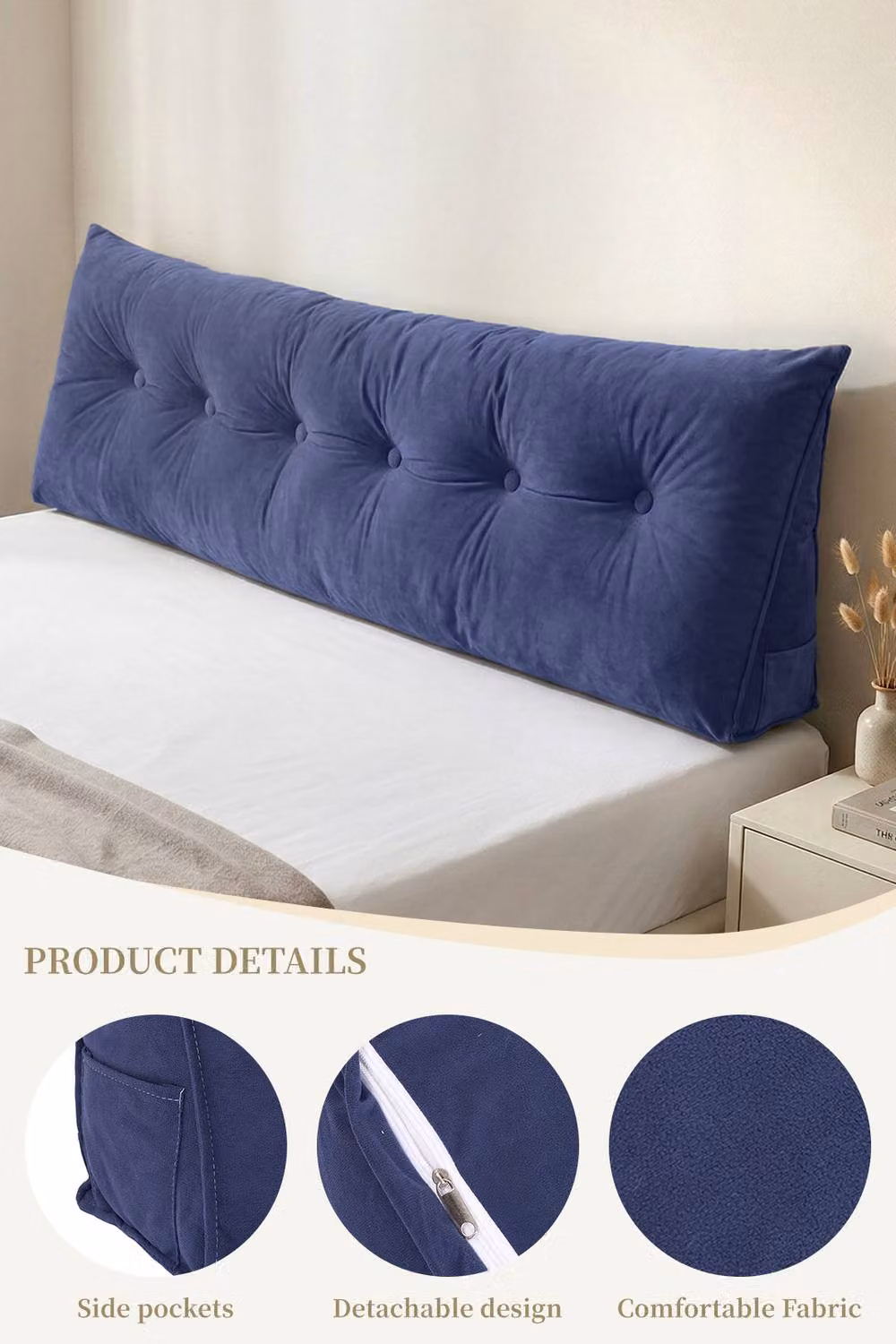 Living and Home Large Washable Wedge Headboard Pillow with Storage Pocket in Blue – 2