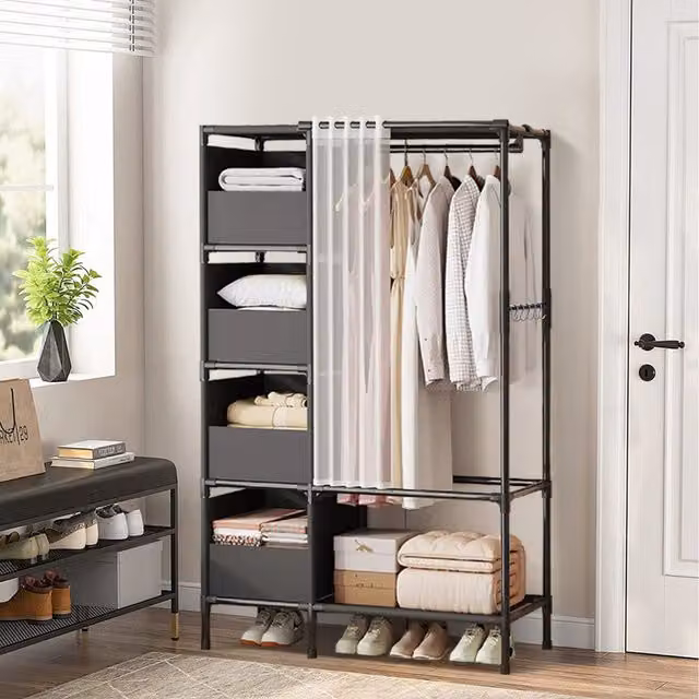 Komore Matt Black Metal Clothes Rail with Dual Hook and Rail Matrix