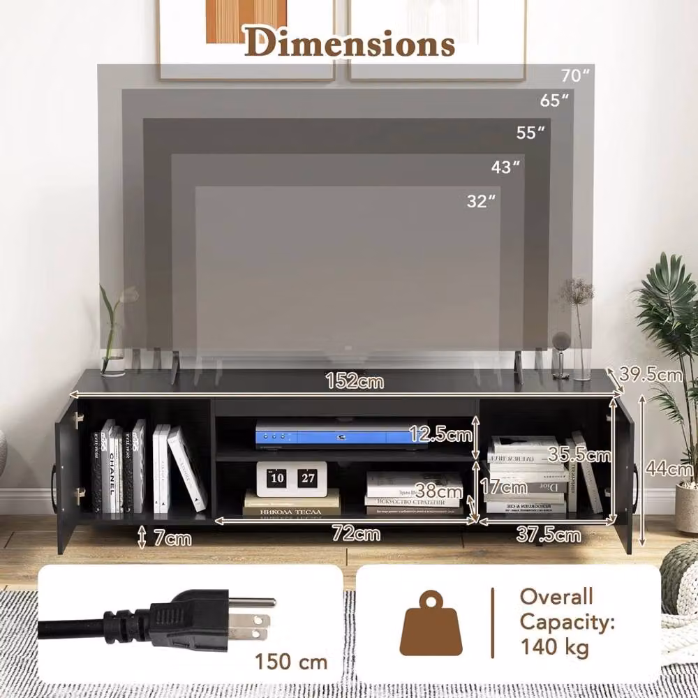 Costway Black Rustic TV Stand Entertainment Centre for TVs up to 70 Inches, Width: 152 cm – 2