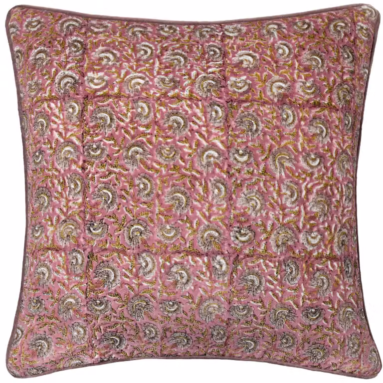 Paoletti Chedworth Floral Cotton Velvet Decorative Square Cushion in Pink and Gold, W/D/H: 50 x 50 x 50 cm