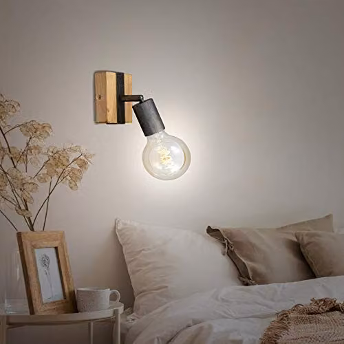 Briloner Adjustable Vintage Wall Light with E27 Socket and Wood and Metal Base in Grey and Black – 2
