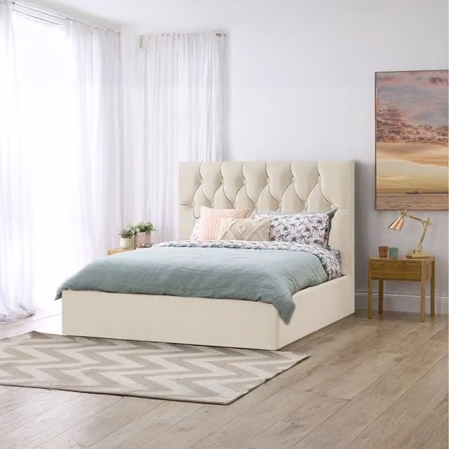 Desire Deco Samara Chesterfield Upholstered Storage Bed in Orange and Beige Velvet Fabric, W: 140 cm, L: 200 cm