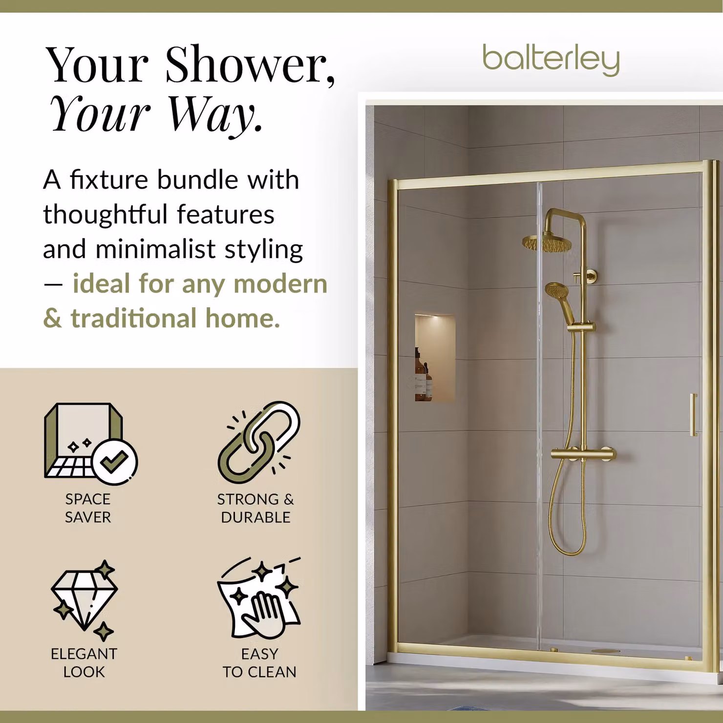 Balterley Ruwa Sliding Shower Suite with Rectangular Tray and 6mm Toughened Glass, Gold and White, W/D: 1400 x 700 mm – 2