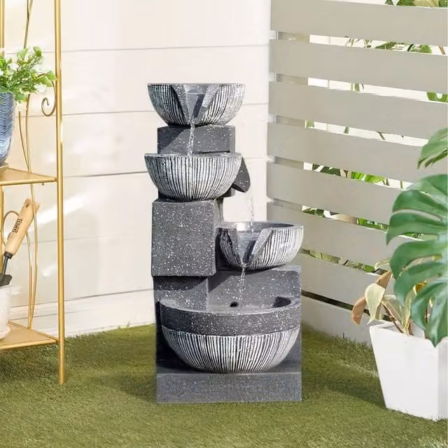 Lifeideas Grey Solar Cascading Round Outdoor Water Fountain, W/D/H: 46.5 x 21 x 21 cm