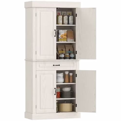 HOMCOM Freestanding Tall Kitchen Cupboard with 4 Doors and Internal Drawers in White and Black, H 180 x W 80 x D 50 cm