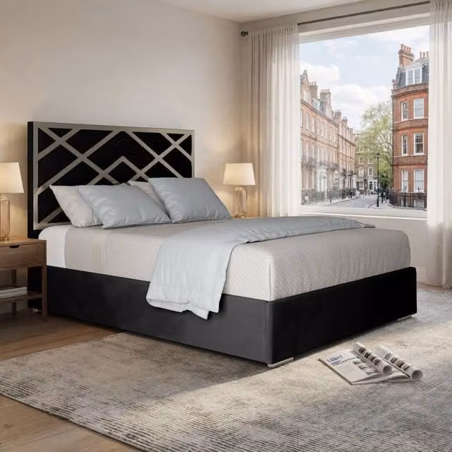 KDMD Rochdale Upholstered Velvet Designer Bed Frame with Metal Accents, W/D/H: 140 x 200 cm