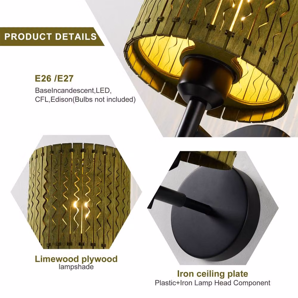 NIVOR Set of 2 Boho Farmhouse Wooden Armed Sconce Wall Lights, Green, E27 – 8