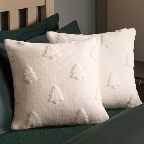 OHS 2 Pack Christmas Tufted Winter Tree Sherpa Fleece Cushion Covers, Cream, W/D/H: 45 x 45 x 45 cm